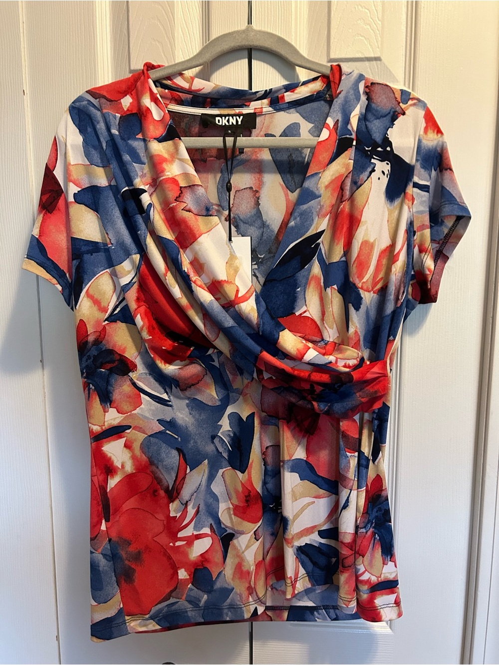 DKNY Red, Blue & Cream Floral Draped V-Neck Top
